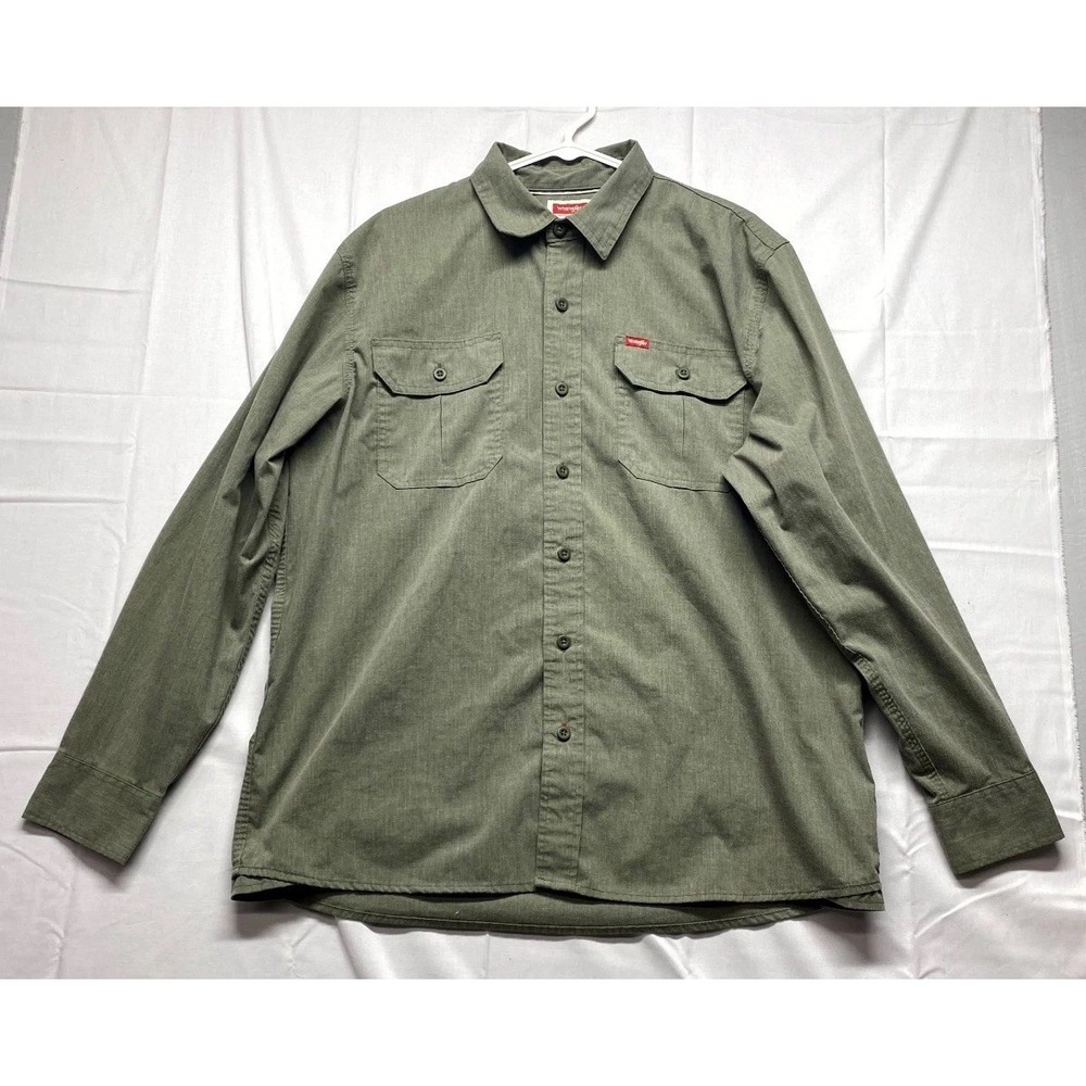Wrangler Relaxed Fit Stretch Shirt Mens Large Olive Green Button Up Workwear